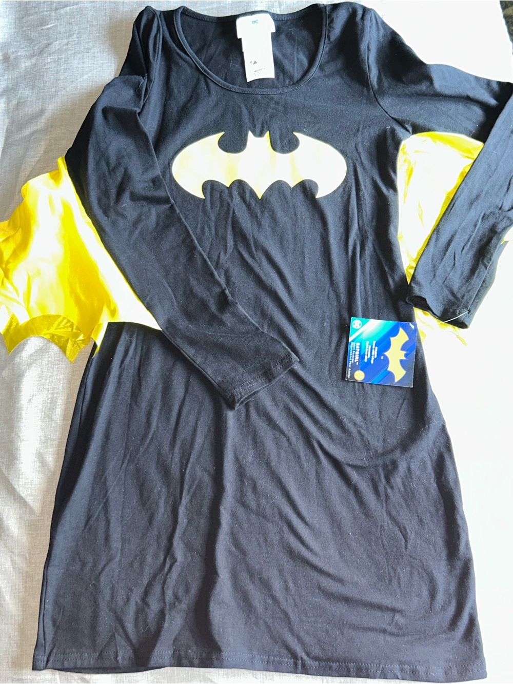 DC Women’s Black Mini Dress with Yellow Bat Logo and Cape Sleeves